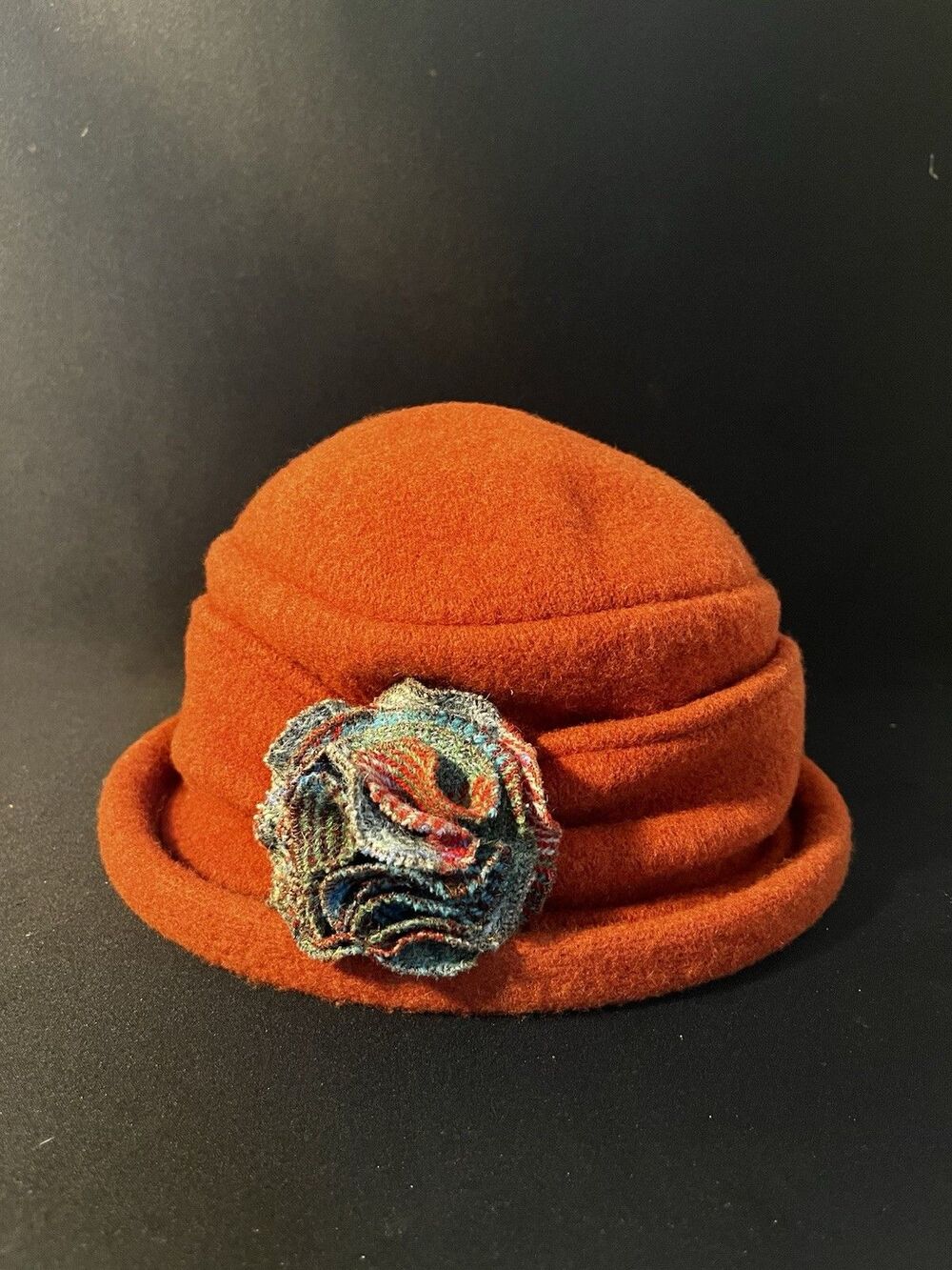 Vintage Scala Handmade Orange Wool Cloche Hat w/ Fabric Rosette Accent